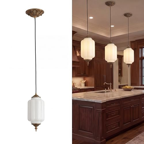 Vintage Milk Glass Pendant Lights-5.9in Mid Century Brass Glass Ceiling Light with an LED Bulb in... | Amazon (US)