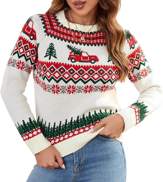 ZAFUL Women's Christmas Cedar Snowflake Trucks Patterns Knitted Sweater Long Sleeve Floral Printe... | Amazon (US)