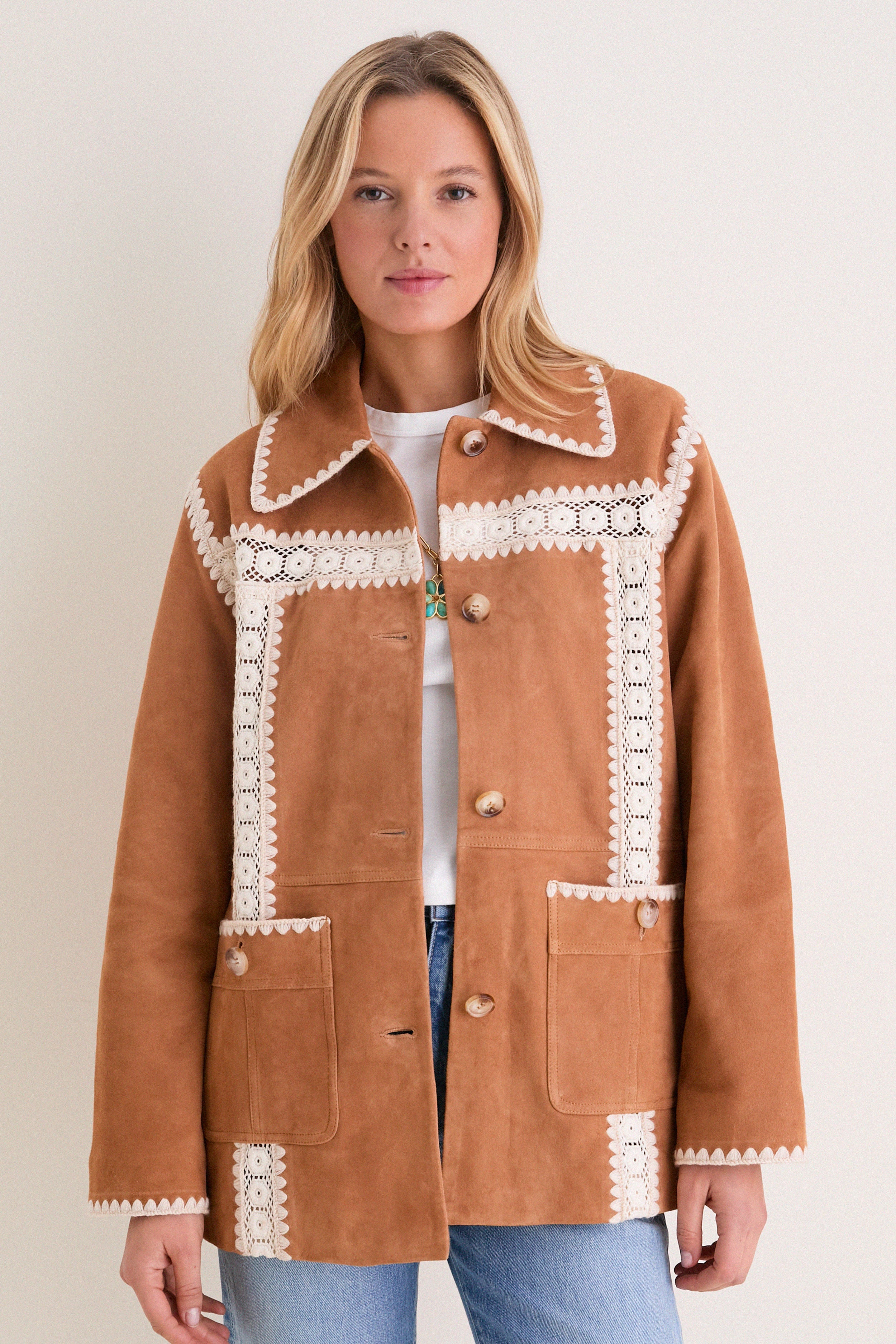 Camel Irena Suede Jacket with Crochet | Tuckernuck (US)
