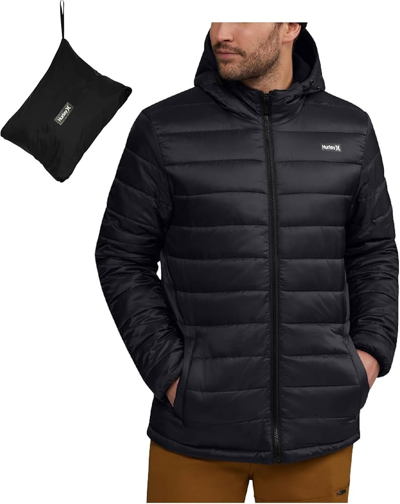 Hurley Men's Quilted Puffer Jacket - Lightweight Hooded Fleece Lined Packable Puffer Jacket - Out... | Amazon (US)
