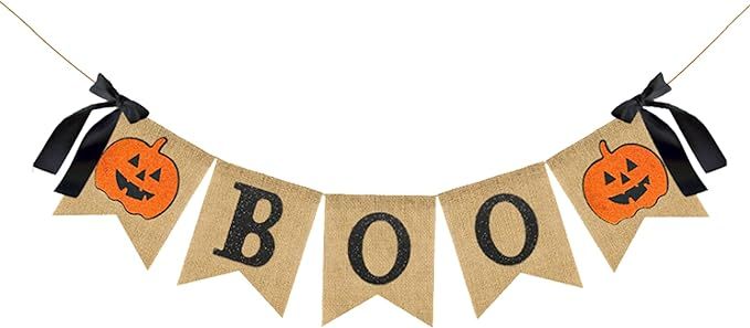 Whaline Halloween Burlap Banner Glitter Pumpkin Boo Bunting Flag with Bow Rustic Hanging Banner G... | Amazon (US)