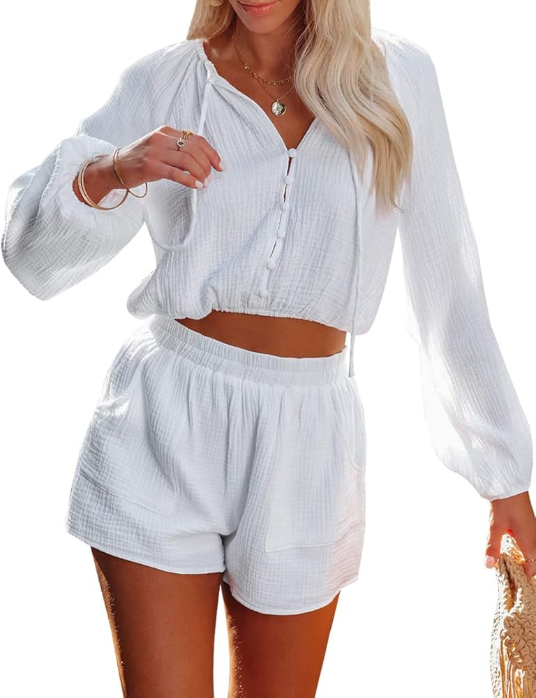 FACDIBY Women Summer 2 Piece Outfits Long Sleeve Crop Top and High Waist Shorts Street Wear Sets ... | Amazon (US)