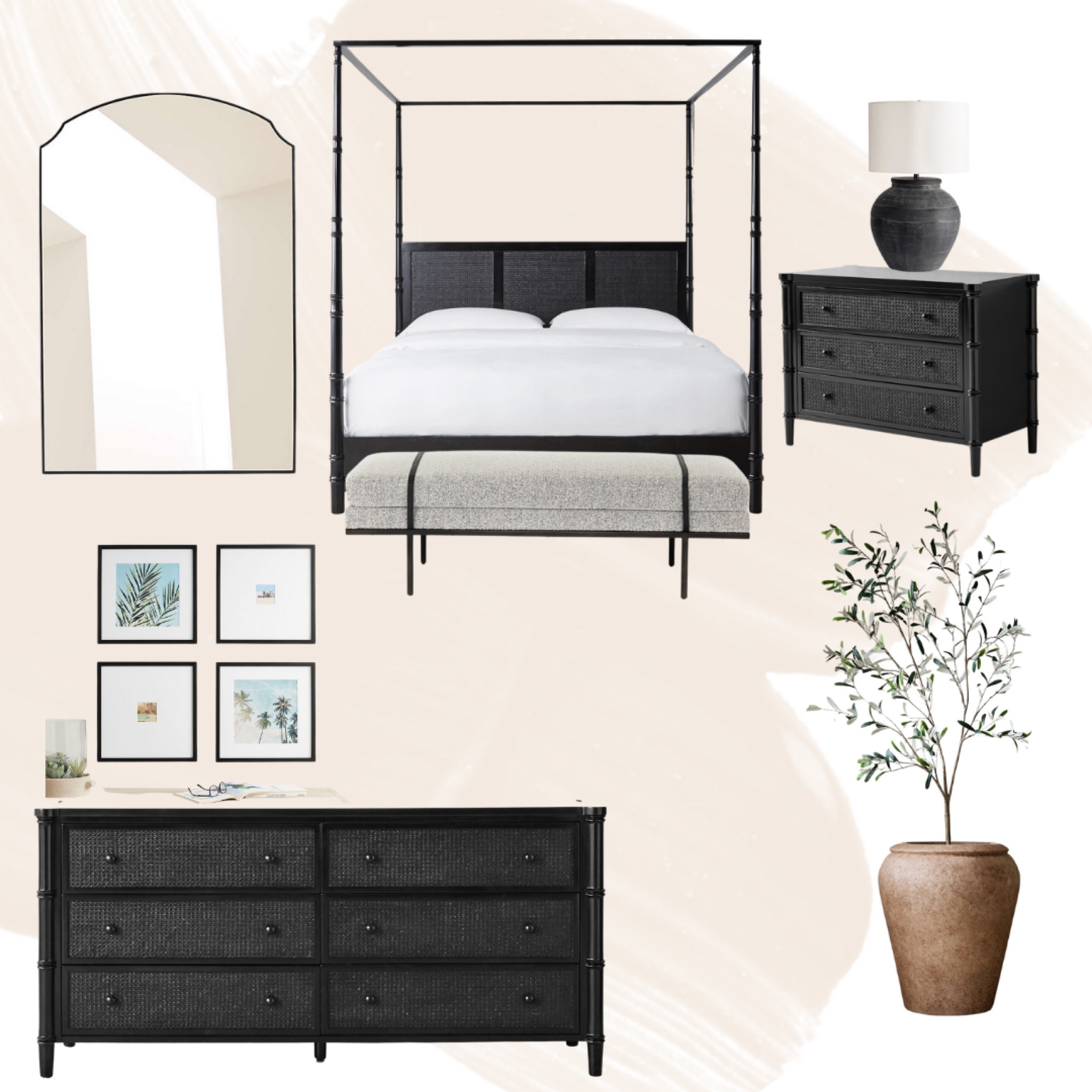 Bedroom • Primary • Primary Bedroom • Guest • Guest Bedroom • Guest Room • Modern • Black Bed • Cane Bed • Dresser • Nightstand • Mirror • Floor Mirror • Wall Gallery • Faux Tree • Potted Faux Tree • Lamp • Pottery Barn • Williams Sonoma • West Elm • Wishlist • 

#LTKFind #LTKstyletip #LTKhome