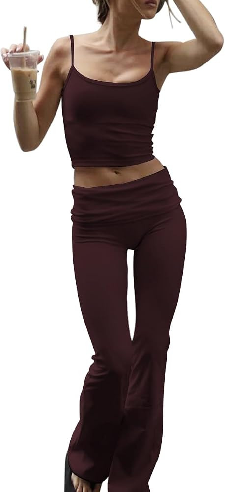 Women's 2 Piece Lounge Sets Fold-over Flare Pants Set Slim-Fit Camisole Cropped Top Casual Outfit... | Amazon (US)