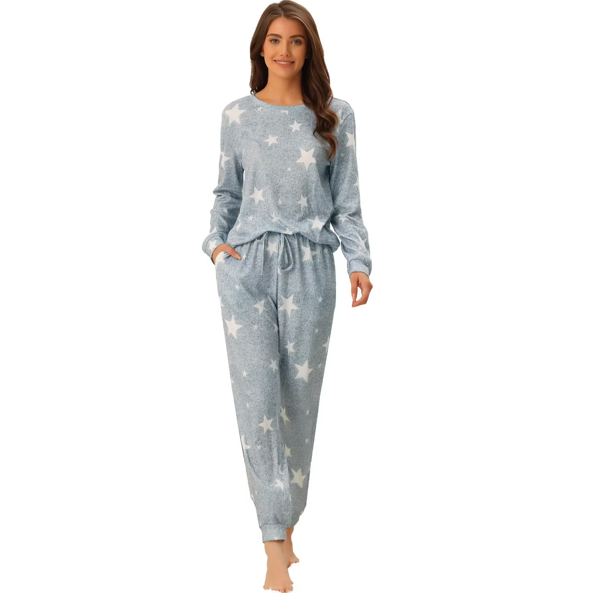 cheibear Women's Kint Long Sleeve Sleepshirt with Long Pants Printed Pattern 2 Pieces Pajama Sets | Target