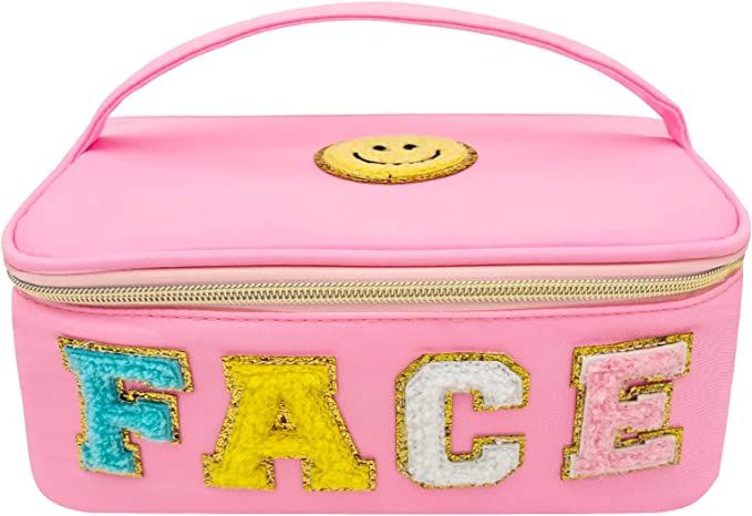 Chenille Letter Makeup Bag with Preppy Patch Nylon Cosmetic Bag,Portable Travel Large Makeup Pouc... | Amazon (US)