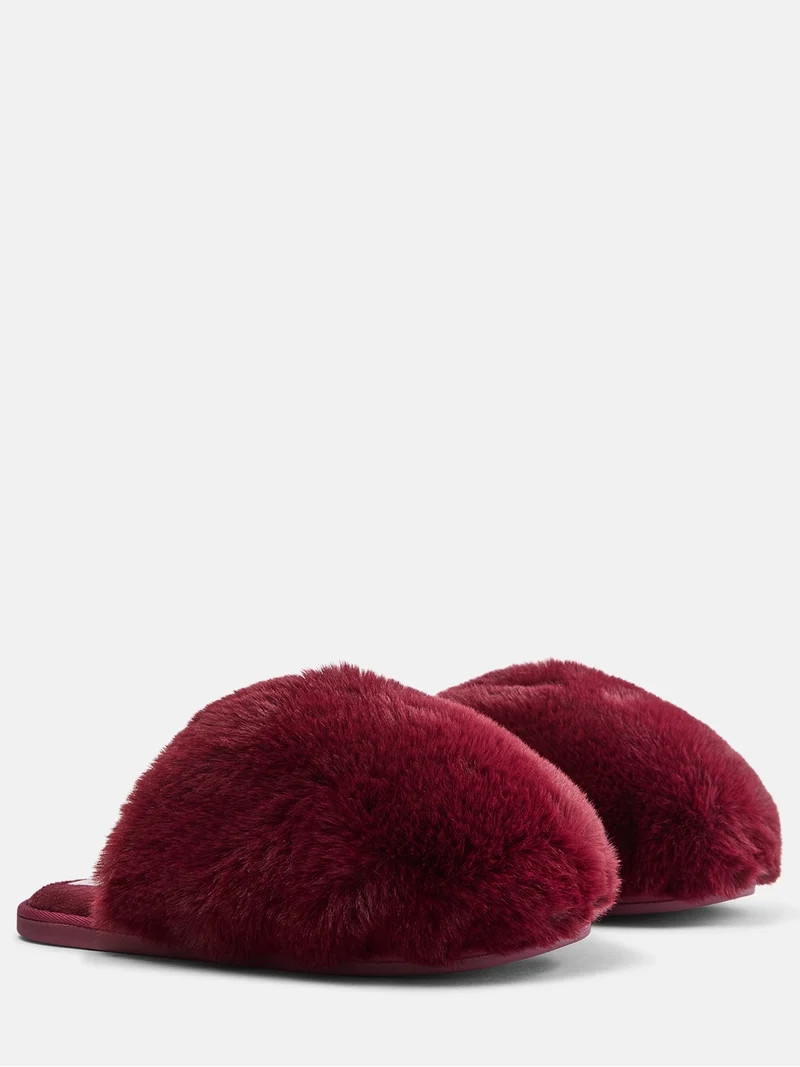 Joyspun Women\u2019s Puff Scuff Faux Fur Slippers | Walmart (US)