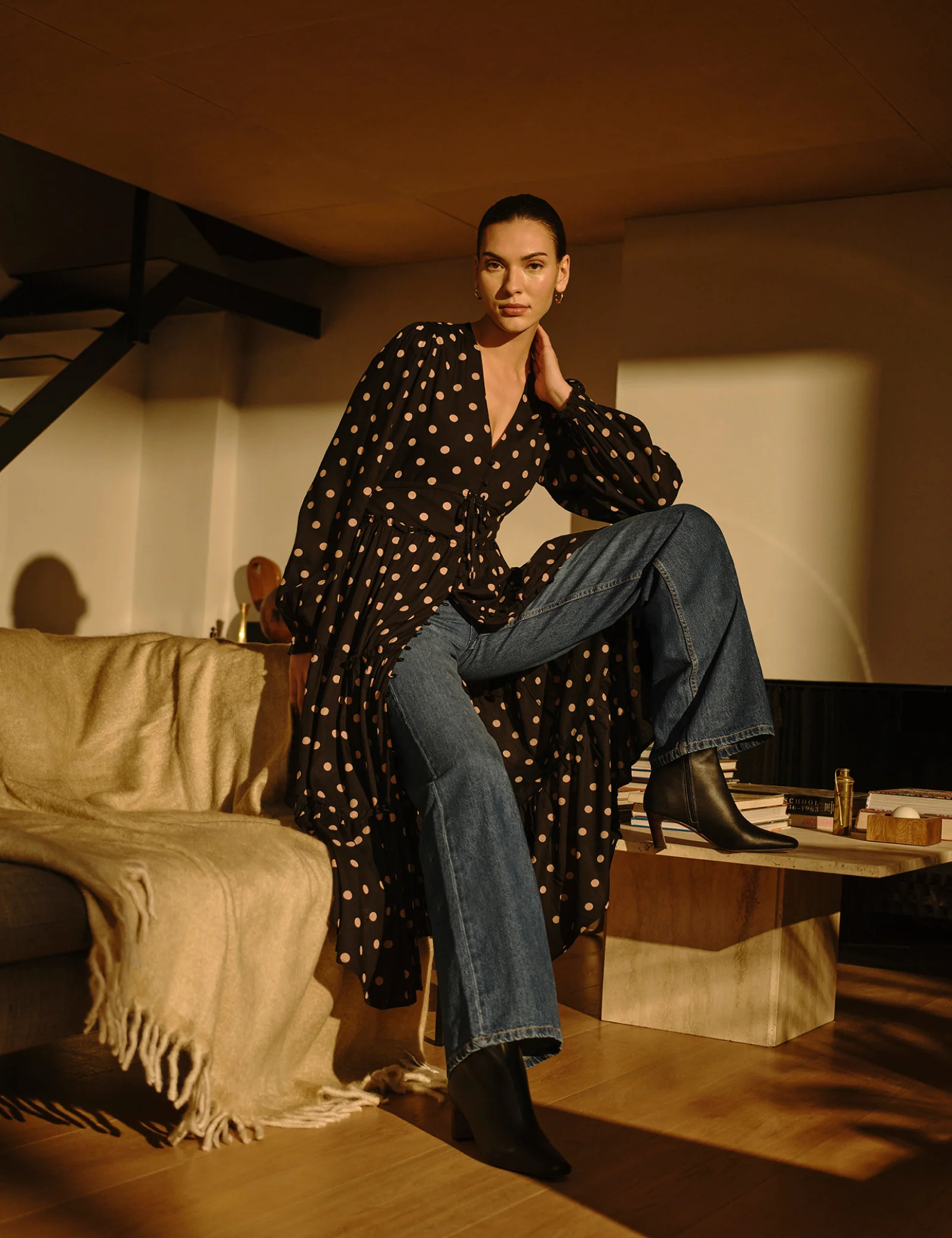 Black Polka Dot Balloon Sleeve Sofia Midi Dress | Nobody's Child