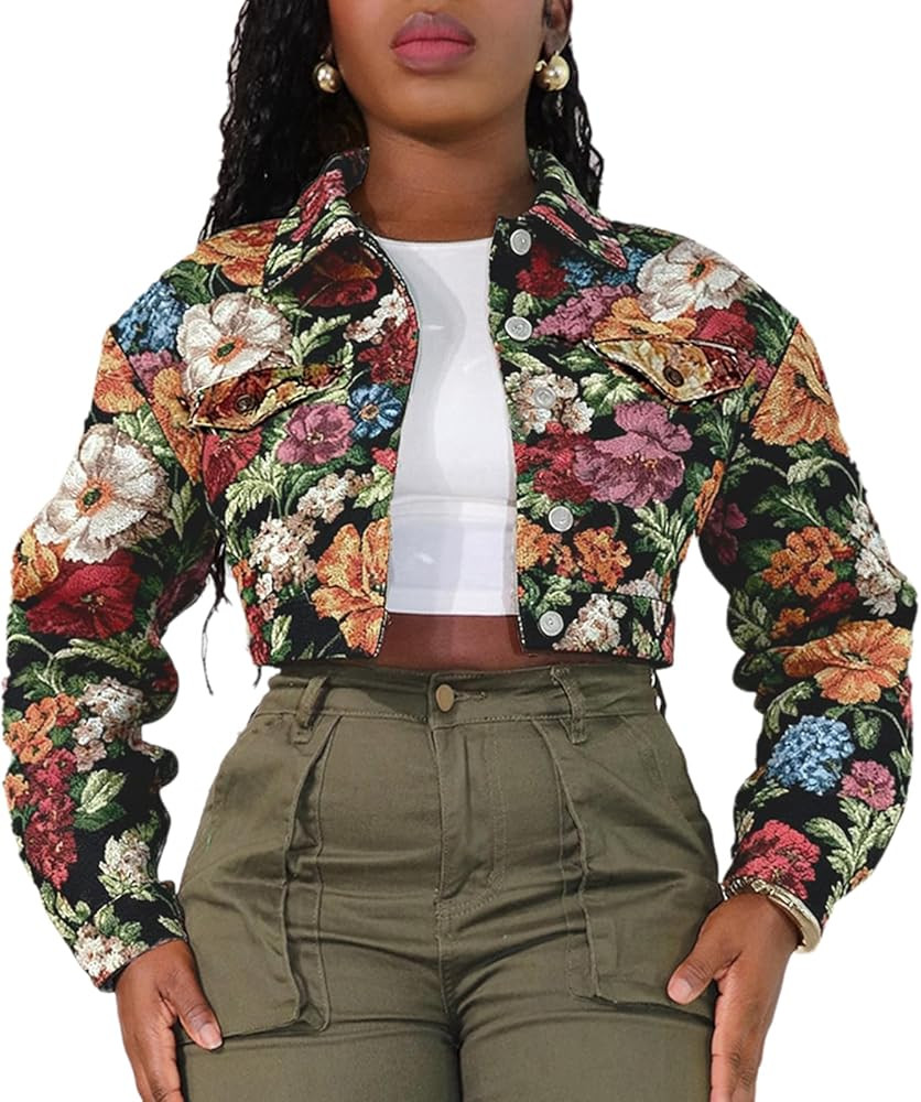 Cropped Jacket Women Bomber Short Jacket Y2K Jacquard Crop Floral Jackets for Women Trendy 2026 | Amazon (US)