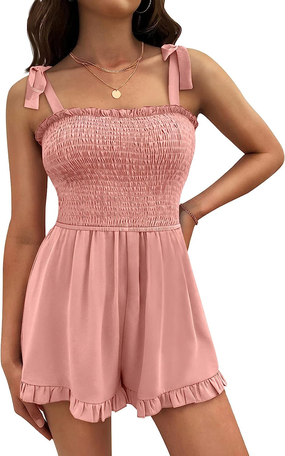 AUTOMET Women Summer Rompers Dressy Sleeveless Vacation Outfits Smocked Short Jumpsuits 2023 Cute... | Amazon (US)