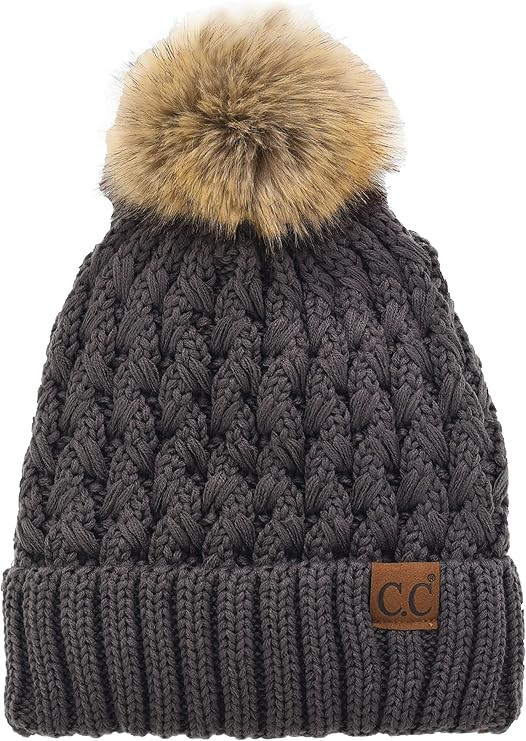 C.C Beanie Women’s Thick Cable Knit Faux Fuzzy Fur Pom Lattice Crossover Fleece Lined Skull Cap... | Amazon (US)