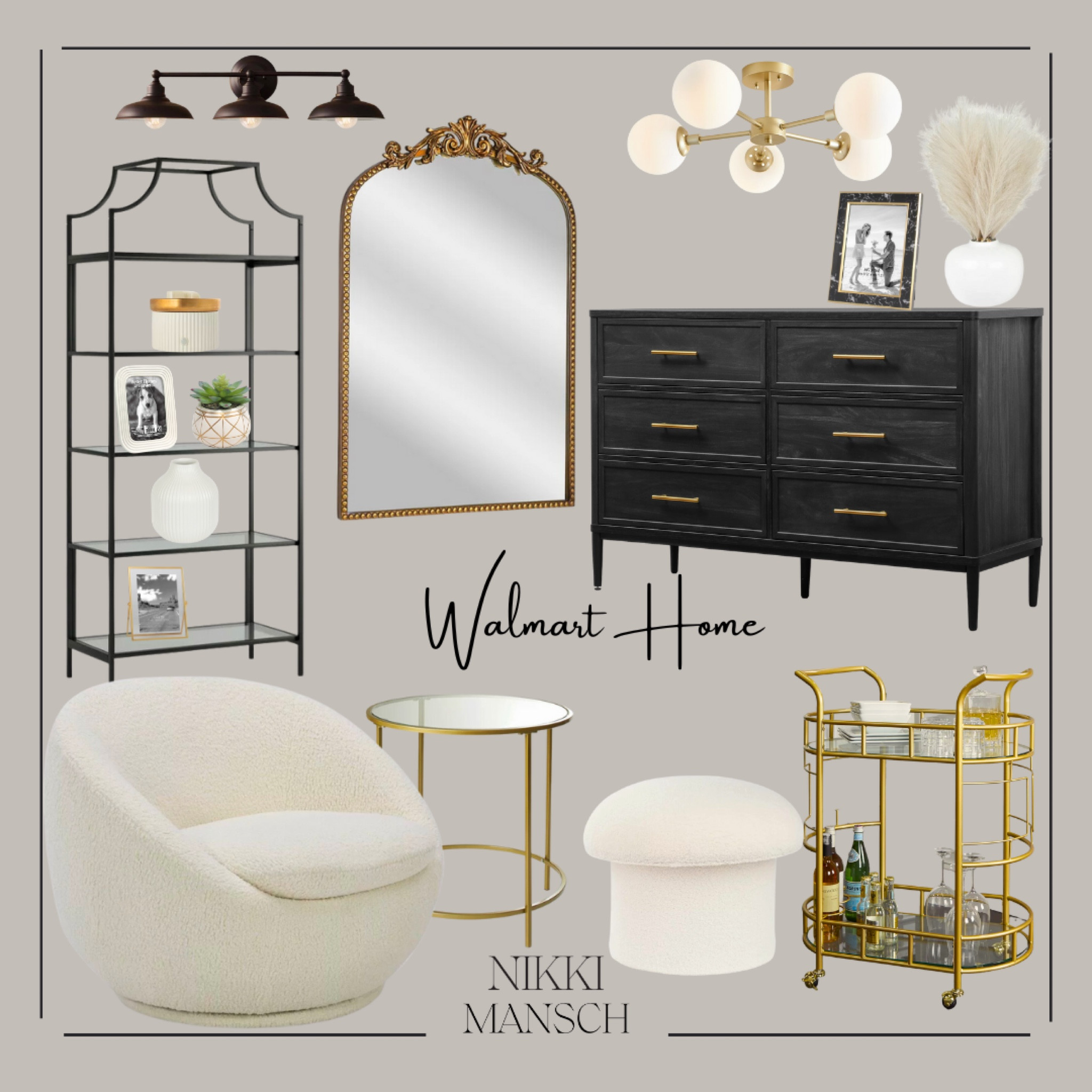 Luxury looks for less! Walmart home pieces that you would never guess. The bar cart and swivel chair are on sale right now too! Don’t even get me started on how beautiful this mirror is. Perfect for a vanity, entryway, over a dresser! 

Home design, living room, accent chair, bar cart 

#LTKstyletip #LTKhome #LTKsalealert