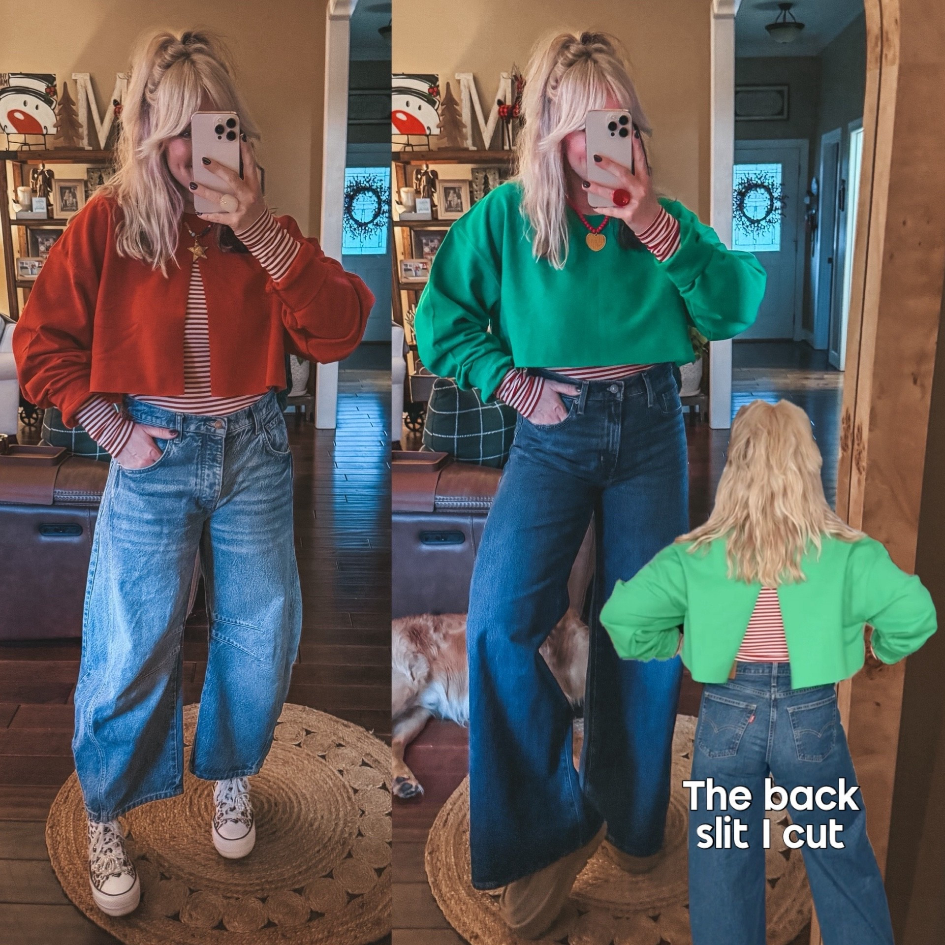 These Gildan sweatshirts were very inexpensive and perfect for trying the slit front and back style on. We loved the tee one so I thought I’d try some sweatshirt ones. I did a XL in the red and a large in the green. I like the large better. 
Long sleeve red striped tee - M
Barrel jeans - sized down one 
Wide leg Levi’s - sized up one 
Leopard Converse - sized down  
Clark’s Wallabees - true to size 

#LTKOver40 #LTKHoliday #LTKFindsUnder50