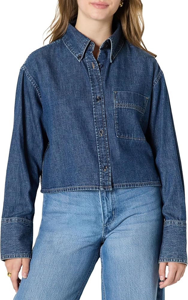Amazon Essentials (Demi's Pick) Women's Modern Oversized-Fit Cropped Denim Button-Down Shirt | Amazon (US)