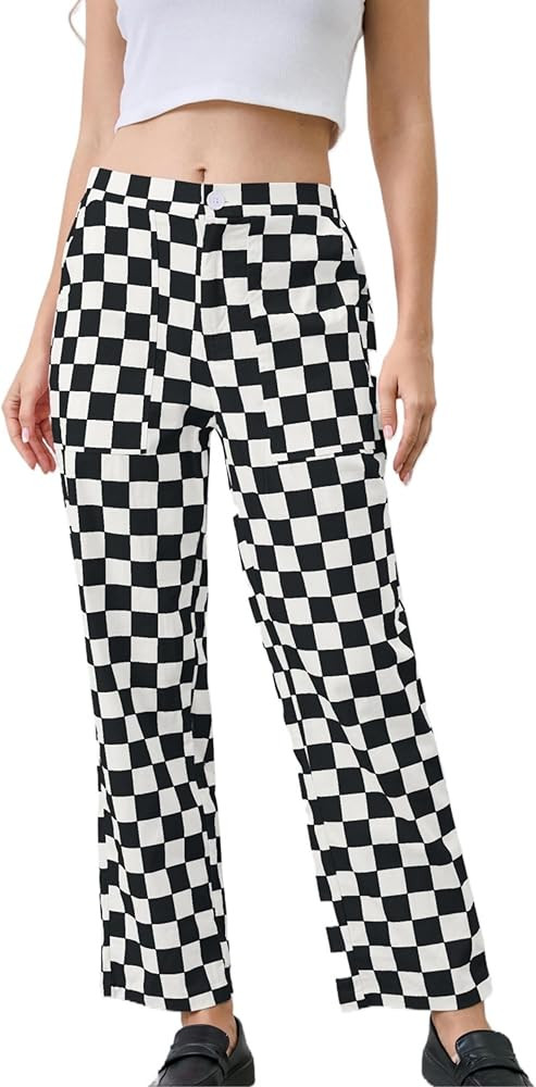 Checkered Pants Plaid Gingham Pants Elastic High Waist Straight Leg Jeans | Amazon (US)