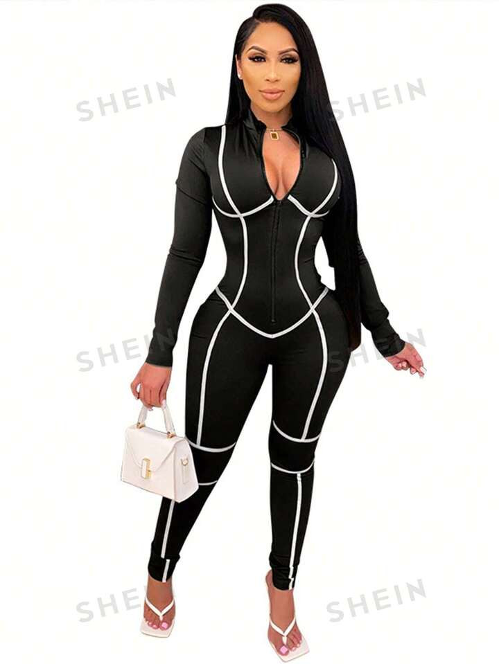 Women's Long Sleeve Contrast Color Roll-Edge Zipper Front Bodycon Jumpsuit | SHEIN