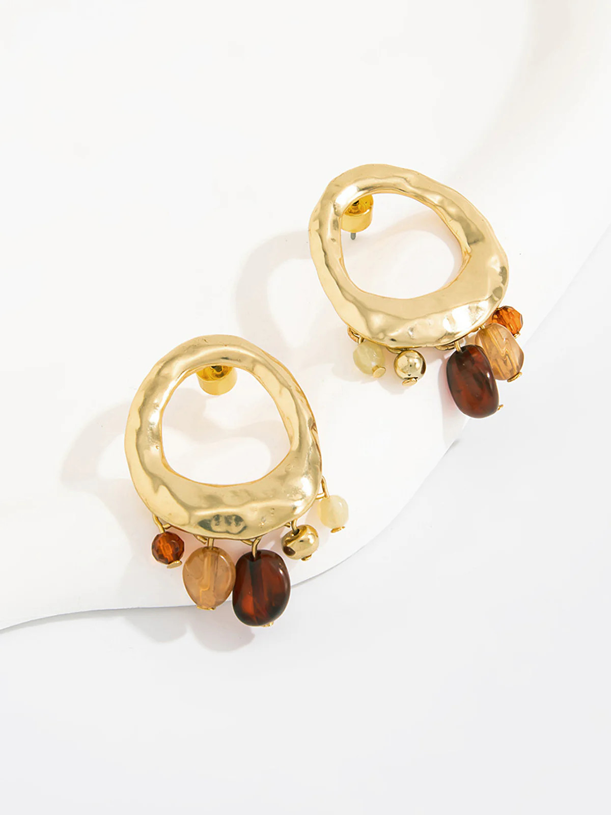 Amber Bead Tassel Hammered Hoop Earrings | Commense