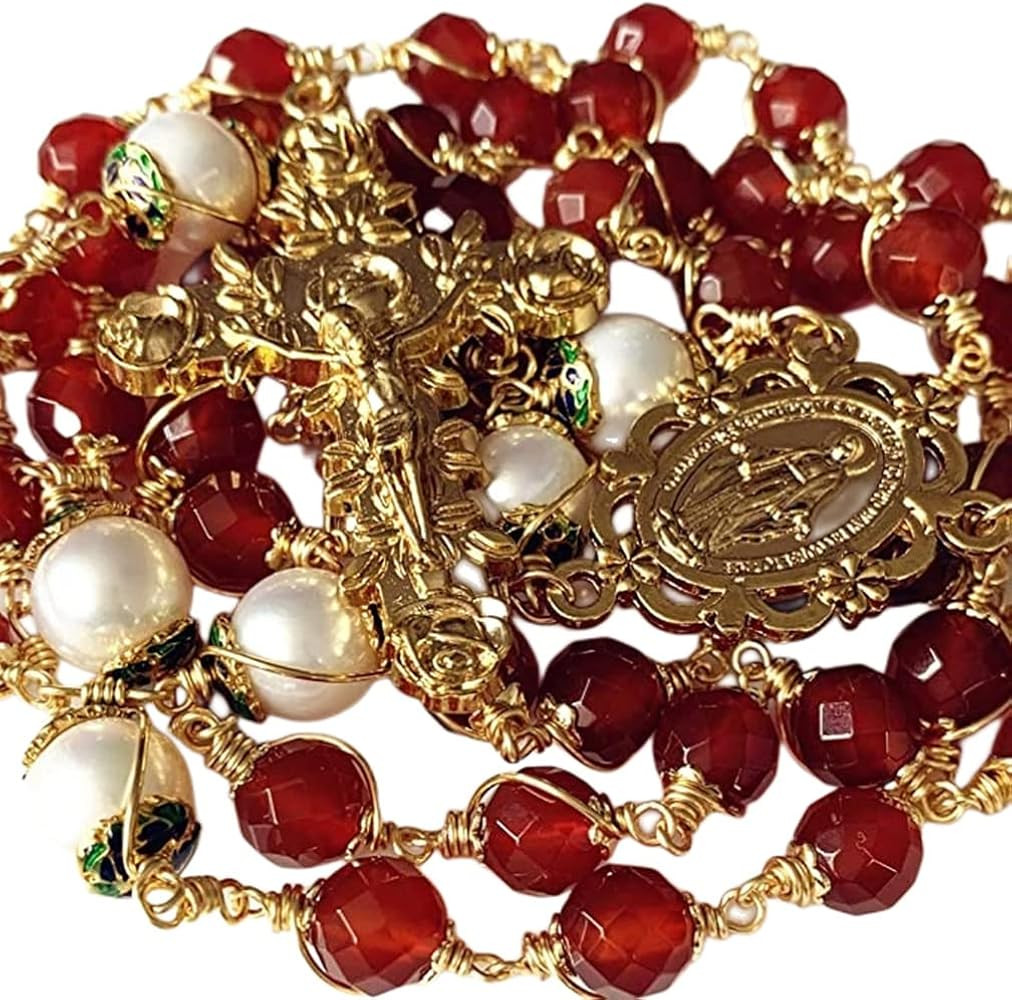 elegantmedical Handmade Gold Wire Wrapped Red Agate &11-12mm Real Pearl Beads Rosary Cross/Crucif... | Amazon (US)