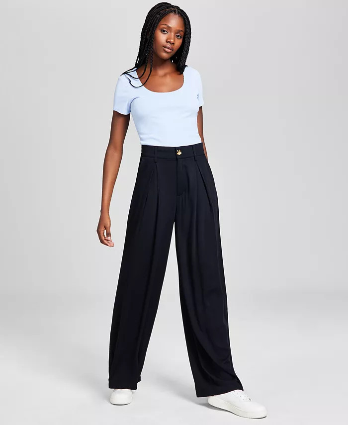 Women's Pleat-Front Wide-Leg Soft Pants | Macy's