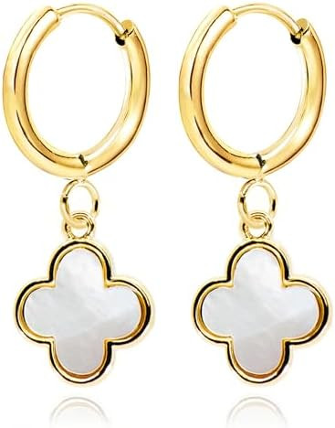 Four Leaf Clover Dangle Earrings for Women • 14K Gold Plated White Mother of Pearl/Black Onyx/C... | Amazon (US)