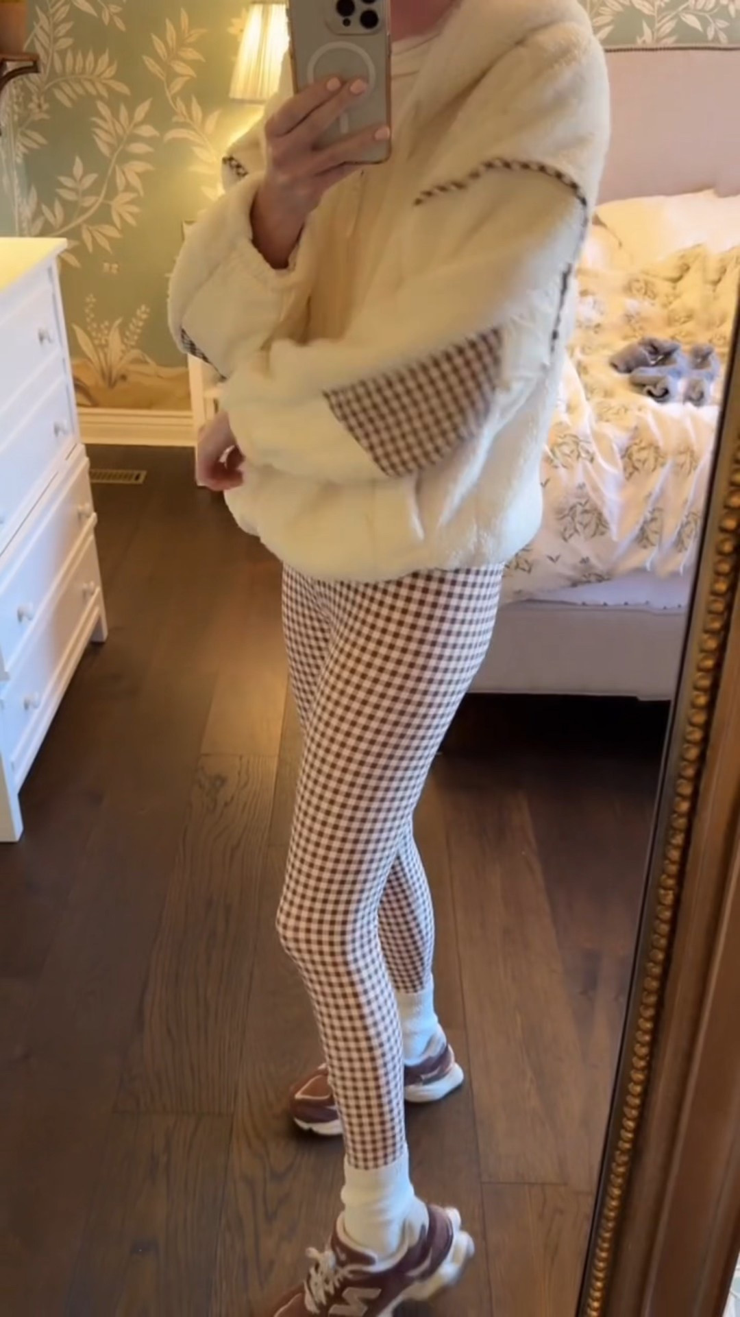 A soft sherpa hoodie, brown gingham leggings, thick socks, and worn-in sneakers. Easy, comfy, no overthinking.

#LTKootd