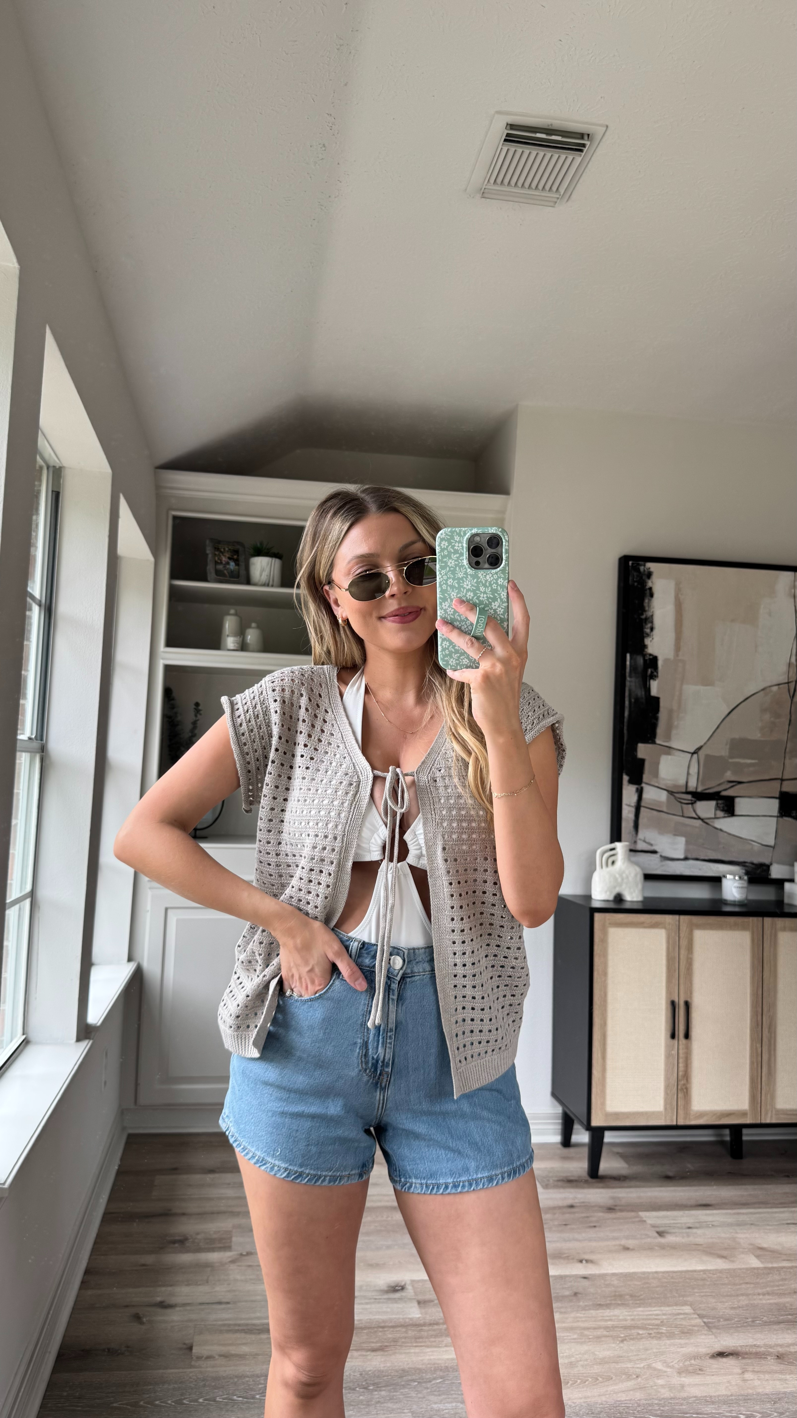 Summer Swim Coverup Outfit | | This crochet top is the perfect coverup for a one piece. Wearing size M in the top and swimsuit. Wearing size 26 in the shorts. Sandals fit tts. 

 

#LTKStyleTip #LTKSwim