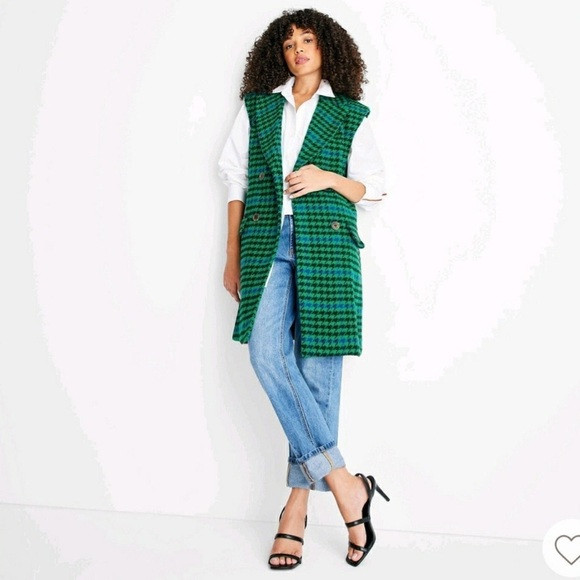 NWOT Future Collective Kahlana Barfield Green Houndstooth Long Vest S | Poshmark
