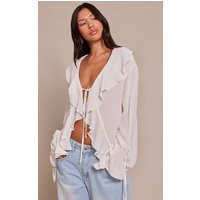 White Chiffon Ruffle Tie Front Blouse | PrettyLittleThing US