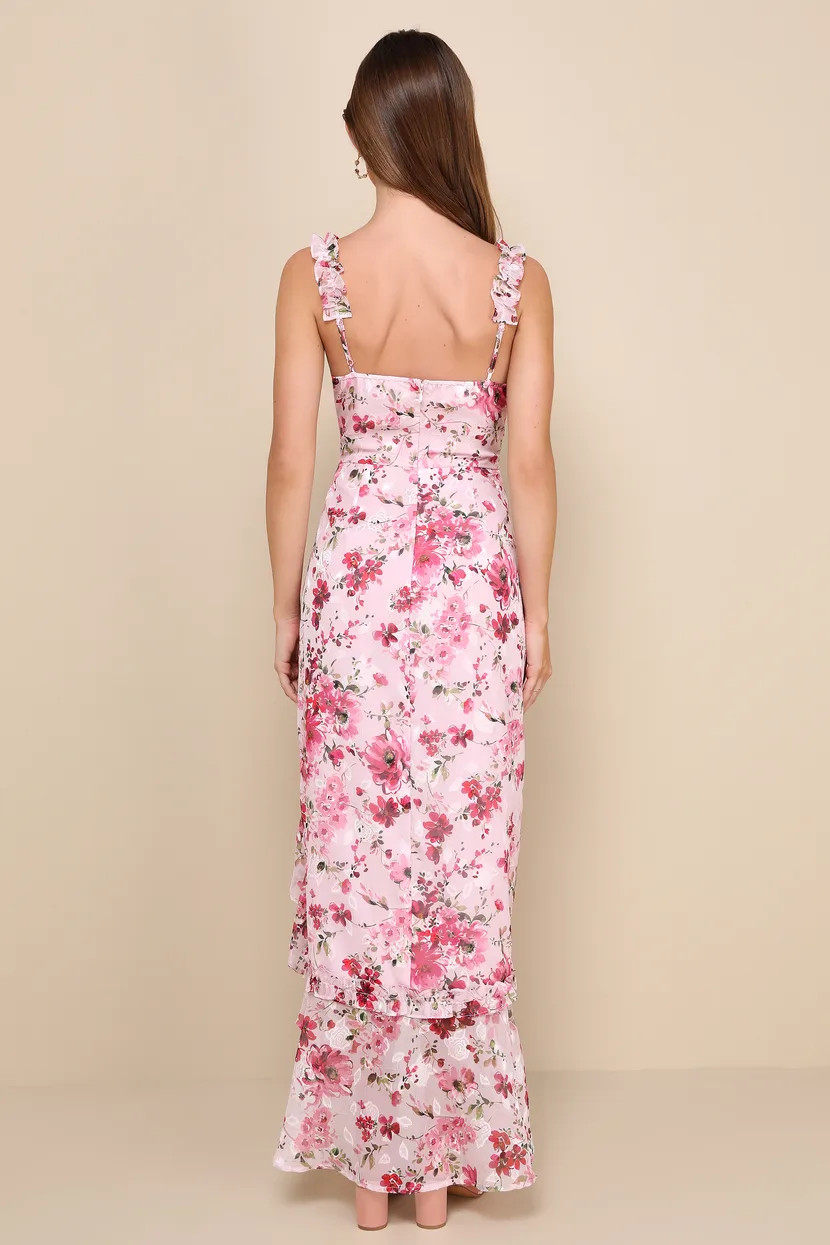 Lovable Spirit Pink Floral Burnout Ruffled High-Low Maxi Dress | Lulus