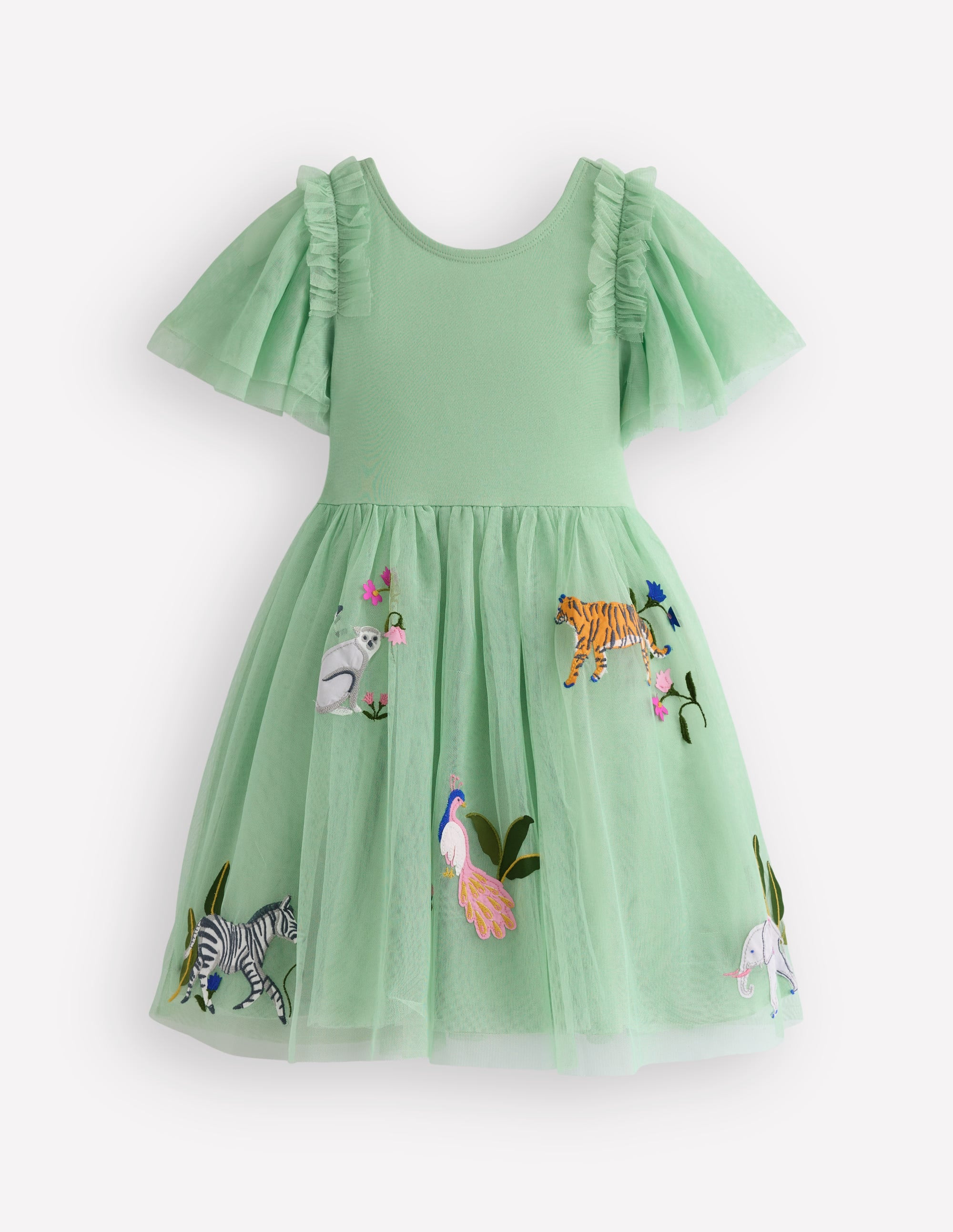 Short Sleeve Logo Tulle Dress-Green Jungle Animals | Boden (US)