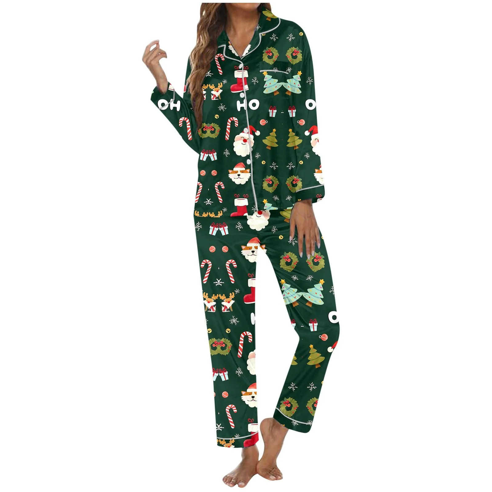 Christmas Pajamas Women Cozy Printed Long Sleeve Lapel Tops Soft Pants Holiday Comfort Nightwear ... | Walmart (US)