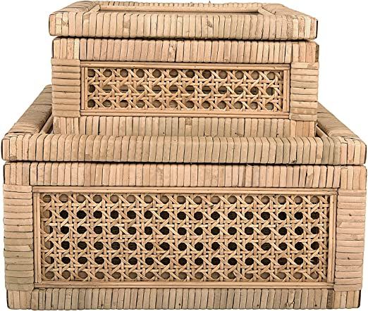 Creative Co-Op Boho Woven Cane and Rattan Display Boxes with Glass Lids, Set of 2 Sizes, Natural | Amazon (US)