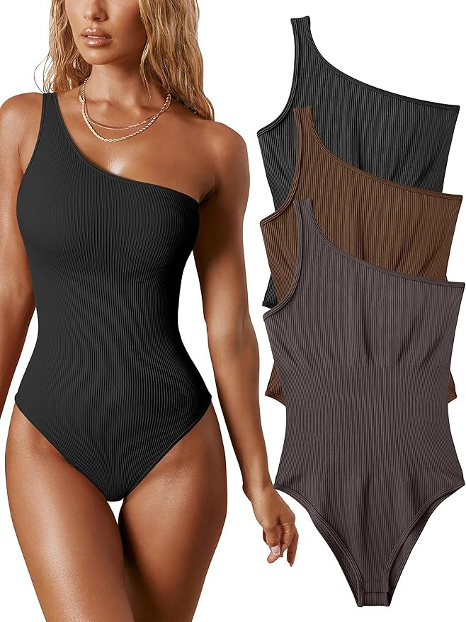 OQQ Women's 3 Piece Bodysuits Sexy Ribbed One Shoulder Sleeveless Exercise Bodysuits | Amazon (US)
