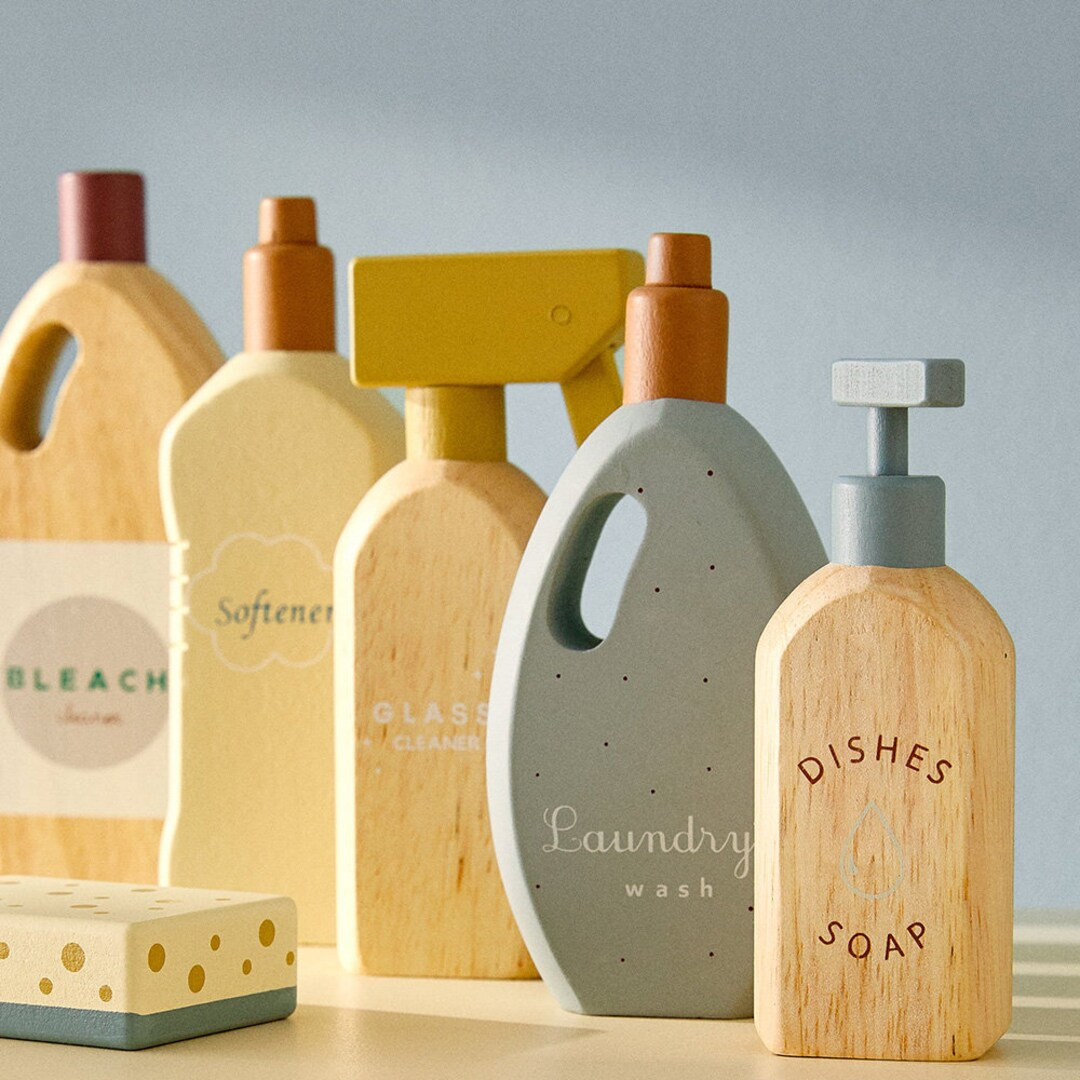 Wooden Cleaning Toys Kits, Children's Dishes Soap Bottle Toys, Wooden Washing Machine Laundry Pro... | Etsy (US)