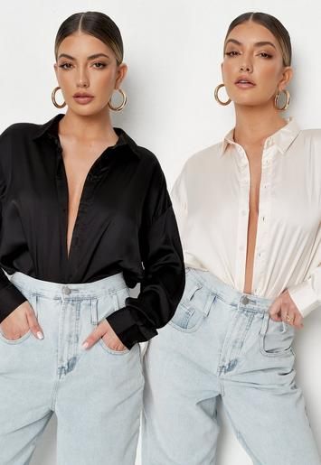 Missguided - Black And Cream Satin Extreme Oversized Shirt 2 Pack | Missguided (US & CA)