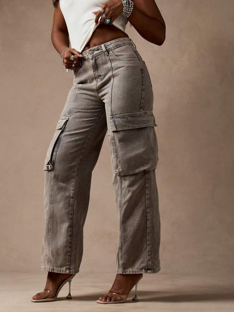 MISSGUIDED Wide Leg Cargo Denim Jeans Utility Style Relaxed Fit Workwear Pants With Side Pockets Y2K Fashion Streetwear Fall Winter Collection | SHEIN