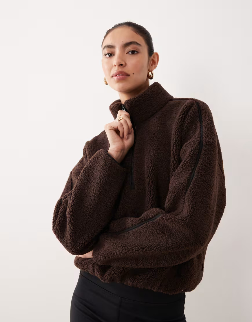 Abercrombie & Fitch YPB high neck quarter zip teddy fleece in brown | ASOS (Global)