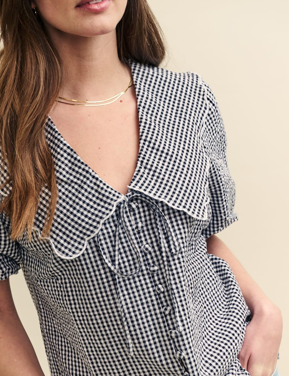 Black Gingham Peter Pan Collar Short Sleeve Blouse | Nobody's Child