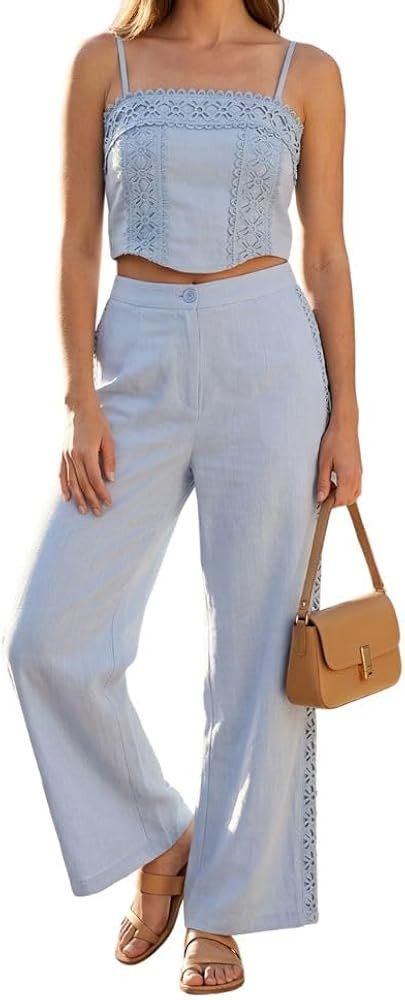 YUSHE 2-Piece Crop Top and Pants Set for Women | Lace Embroidered Top & Wide-Leg Pants with Pocke... | Amazon (US)