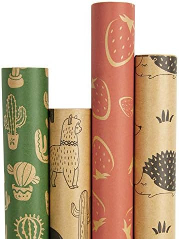RUSPEPA Kraft Wrapping Paper Roll - Cactus/Strawberry/Alpaca/Hedgehog Printed Great for Congrats, Ho | Amazon (US)