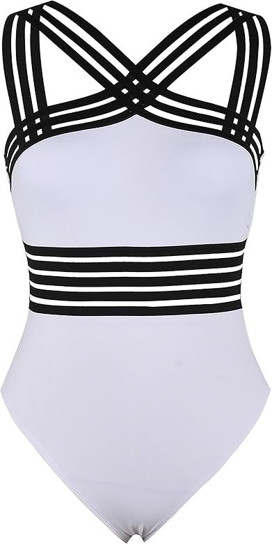 Women's High Neck One Piece Swimsuit Crosscriss Straps Bathing Suits High Waisted Monokini Swimwe... | Amazon (US)