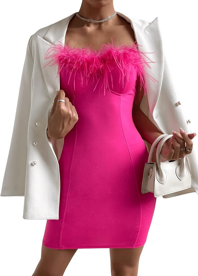 SweatyRocks Women's Sleeveless Velvet Tube Party Dress Fuzzy Trim Split Bodycon Mini Dresses | Amazon (US)