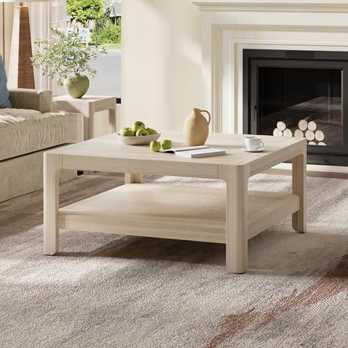 34.65" Wide Modern Farmhouse Natural Coffee Table with Round Edges, Wooden Minimalist Coffee Center Table with Storage for Living Room or Lounge | Amazon (US)