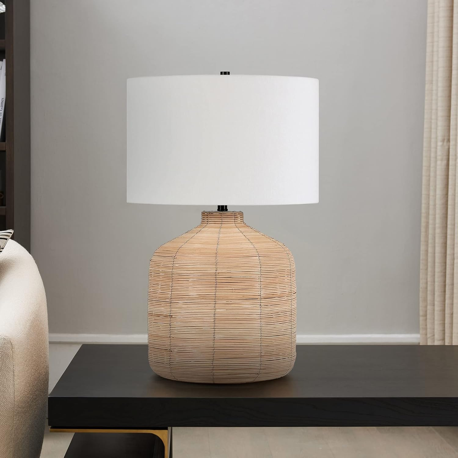 Henn&Hart 26.5" Tall Oversized/Rattan Table Lamp with Fabric Shade in Natural Rattan/Brass /White | Amazon (US)