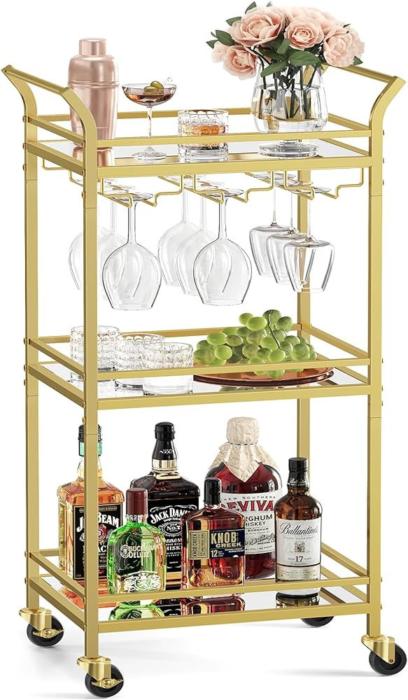 VASAGLE Bar Cart Gold, Home Bar Serving Cart, Small Bar Cart with 3-Tier Mirrored Shelf, Wine Hol... | Amazon (US)