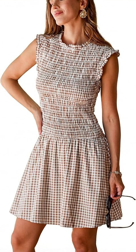 CUPSHE Women's Sleeveless Plaid Mini Dress Casual Gingham Smocked Tank Dress Ruffle A Line Short ... | Amazon (US)