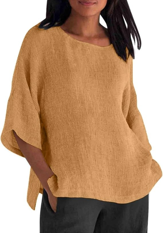 Cotton Linen Shirts for Women Summer Casual Crewneck Pullover Tops Comfy Loose Women's Short Slee... | Amazon (US)