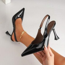 Womens High Heel Pointed Toe Black Patent Leather Slingback Pumps | SHEIN