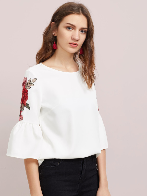 Embroidered Flower Patch Trumpet Sleeve Top | SHEIN
