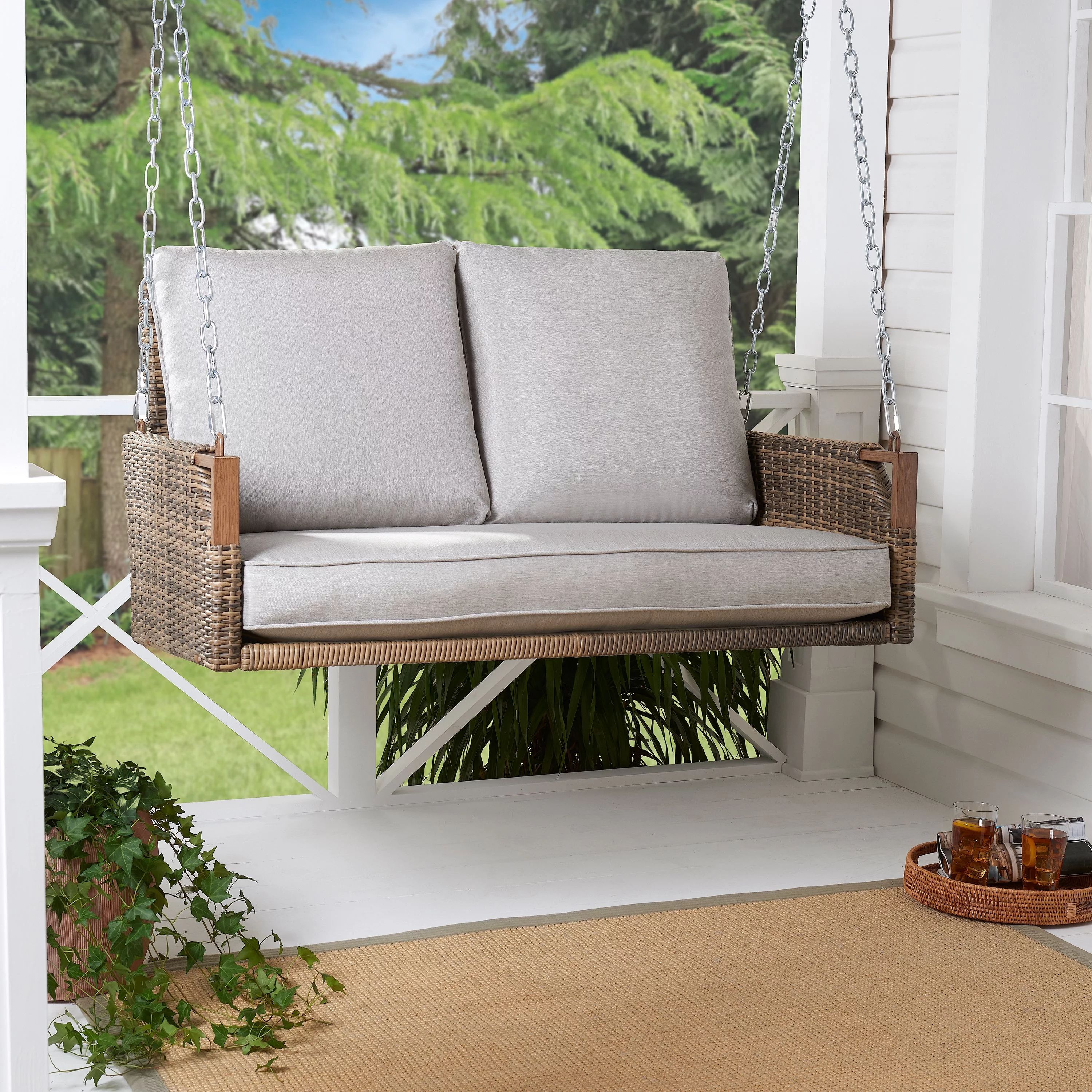 Better Homes & Gardens Davenport Patio Wicker Swing with Beige Cushions | Walmart (US)